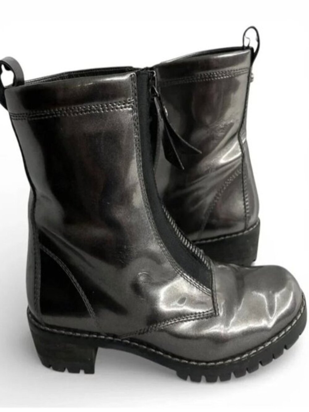 Stuart Weitzman Metallic Pewter Shearling Lined Combat Zip Boots Women’s 7.5